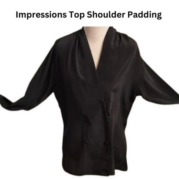 Impressions Top Front Button Shoulder Padding V Neck Double-Breasted Black W 10 - Picture 1 of 5